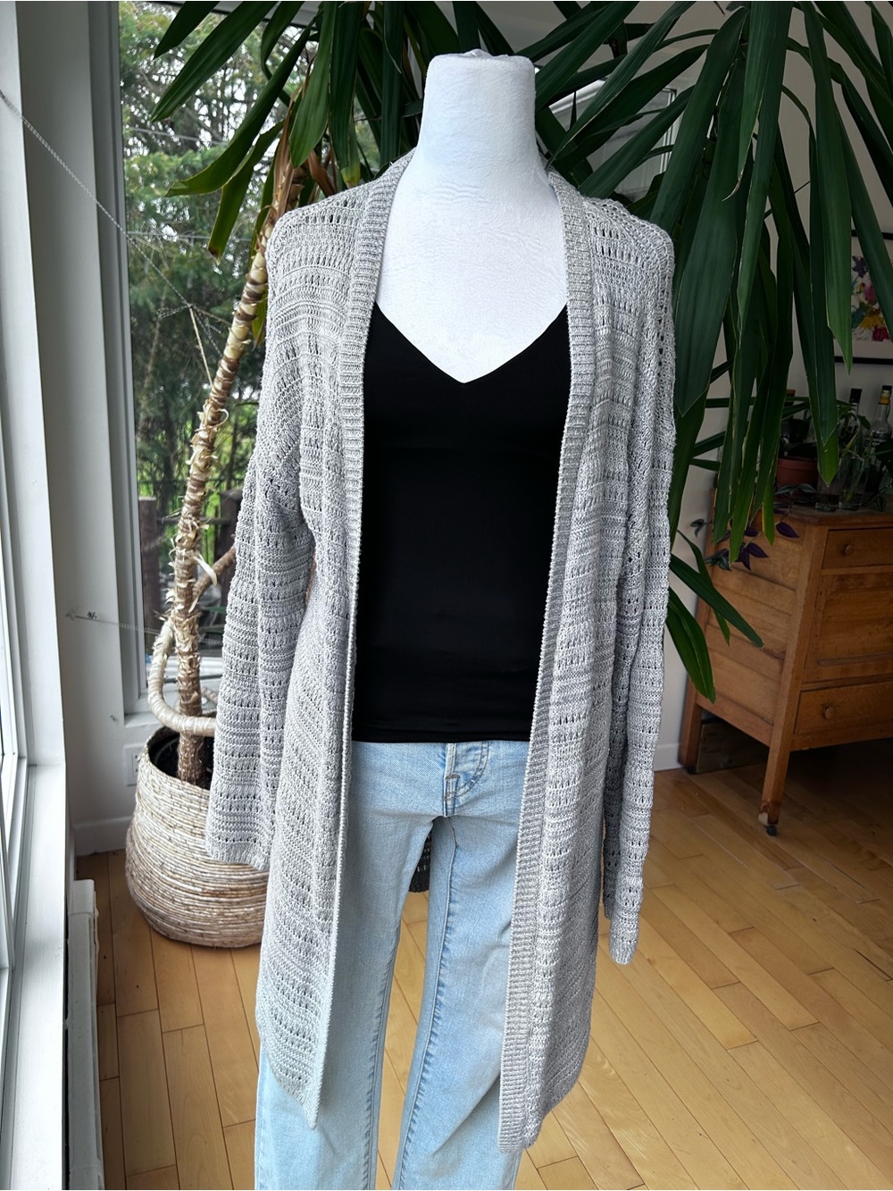 Open-Front Light Gray Knit Cardigan Sweater for Women